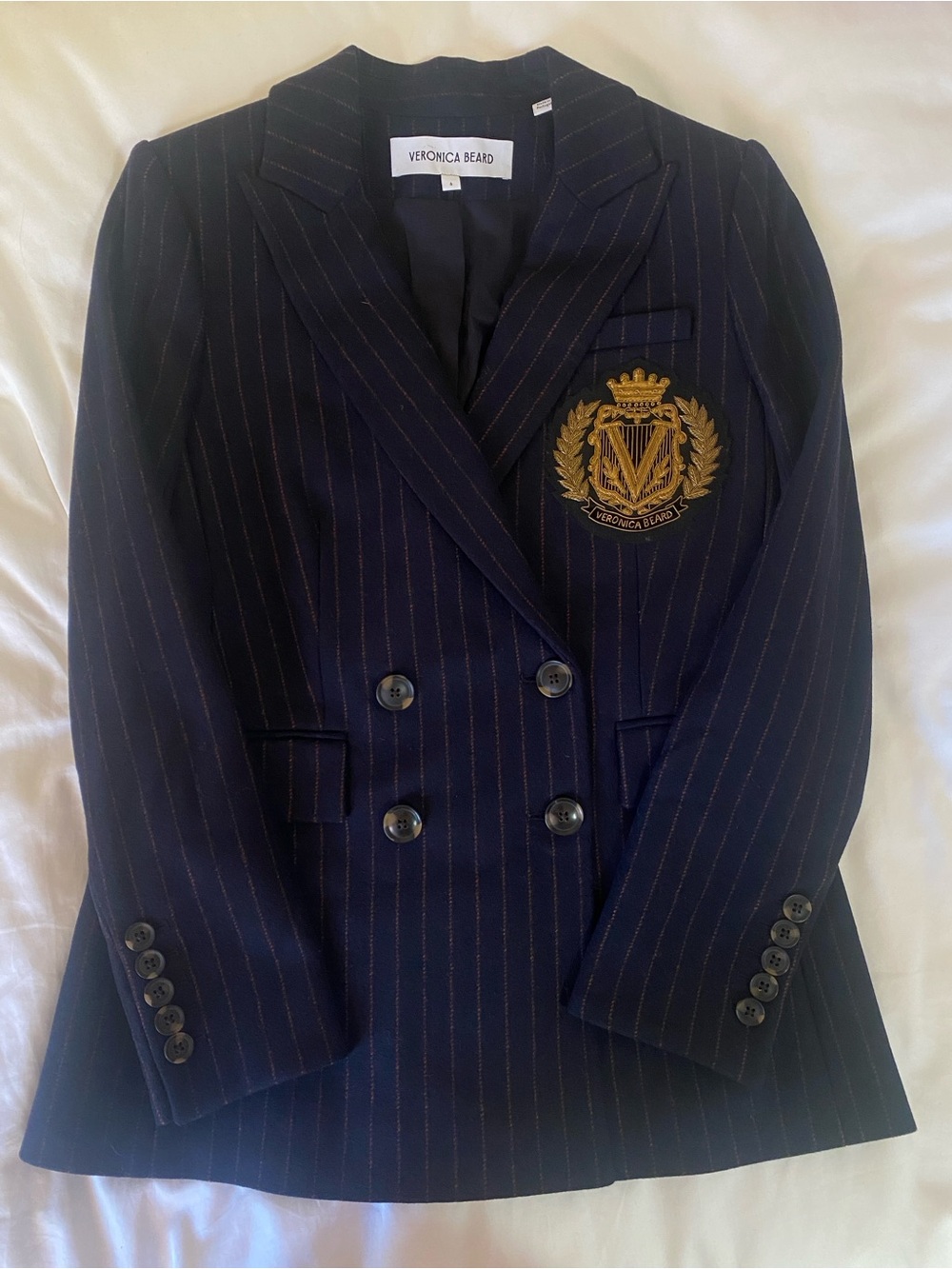 Veronica Beard Navy Pinstripe Double-Breasted Blazer with Gold Crest